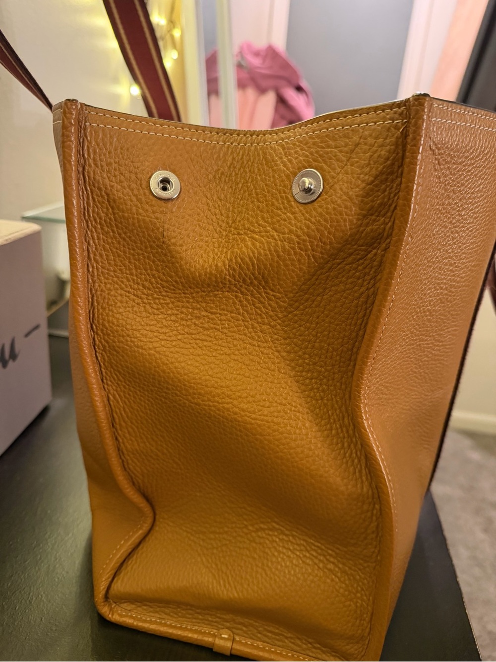 Coach Pebbled Leather Tote in Tan with Burgundy Branded Straps - Picture 4 of 6